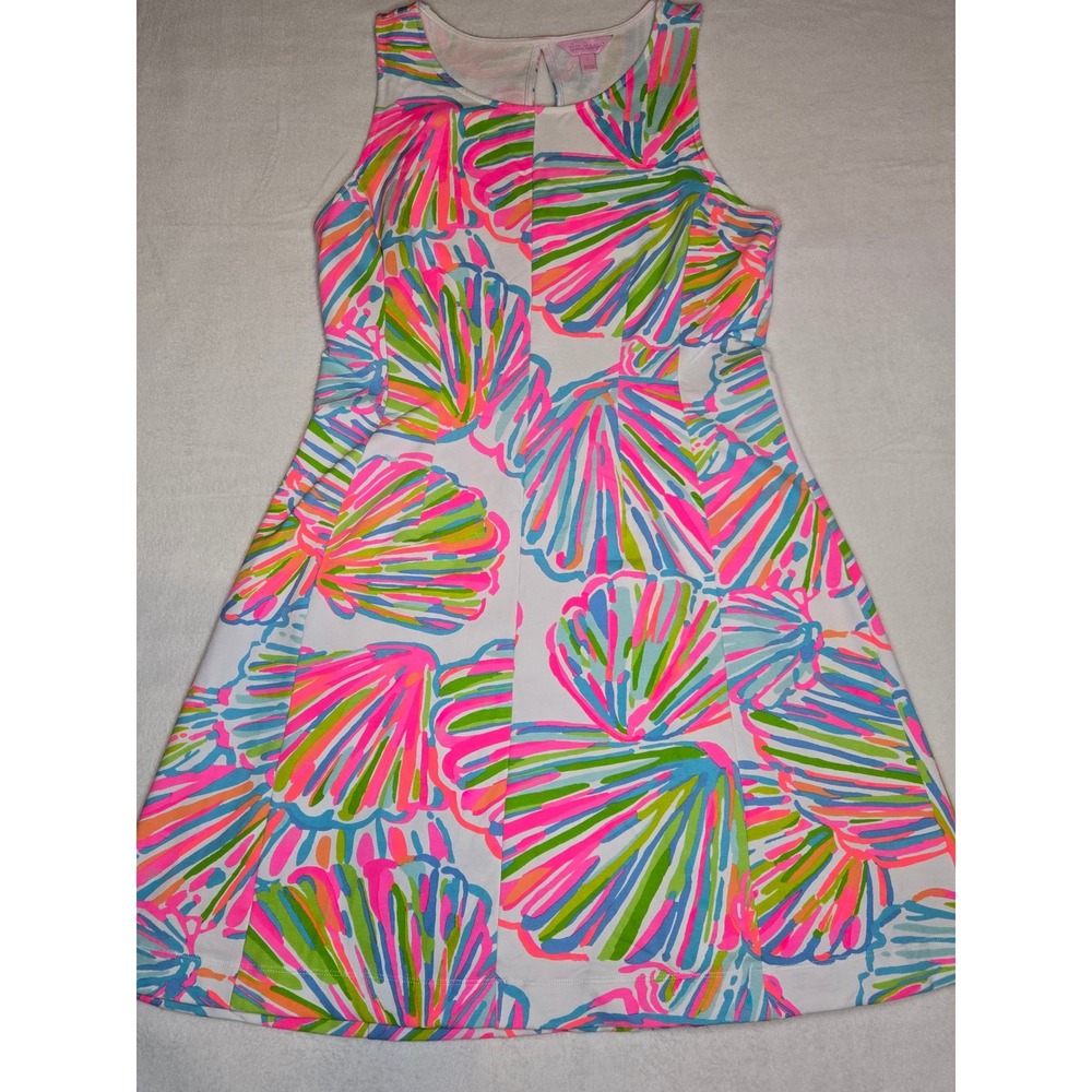 Lilly Pulitzer Sleeveless Shift Dress Pink Green Shell Print Size L Keyhole Back - Picture 2 of 9